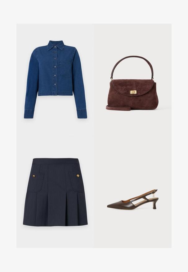 CLOSED CROPPED CLASSIC SHIRT - Nööpidega pluus - dark blue; Tumed sinimust triibuline seelik esiplekkidega ja kahe klapiga taskuga, mõlema külje peal kuldsete nuppudega.; Pruun nahast terava ninaga rihmik madala kõverda kontsaga ja väikese kuldse ripatsiga reguleeritaval pahkluu rihmal.; Väike pruun seemisnahast käekott kõverdatud klapi, kuldse keeratava lukuga, lühikese sangaga ja valikulise õlarihmaga tavalise tausta peal.
