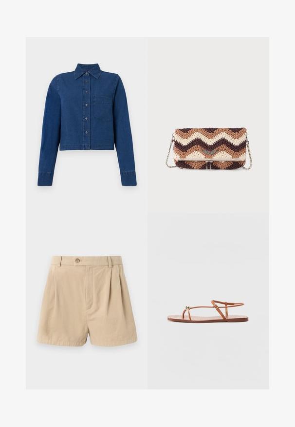 CLOSED CROPPED CLASSIC SHIRT - Skjortebluser - dark blue; Filippa K HIGH WAIST PLEATED - Shorts - beige; Loeffler Randall LARA STRAPPY - Sandaler m/ tåsplit - timber; Hæklet clutch taske med brune, beige og creme chevron-striber, sølv vinget emblem og en sølv kædderem på en hvid baggrund.