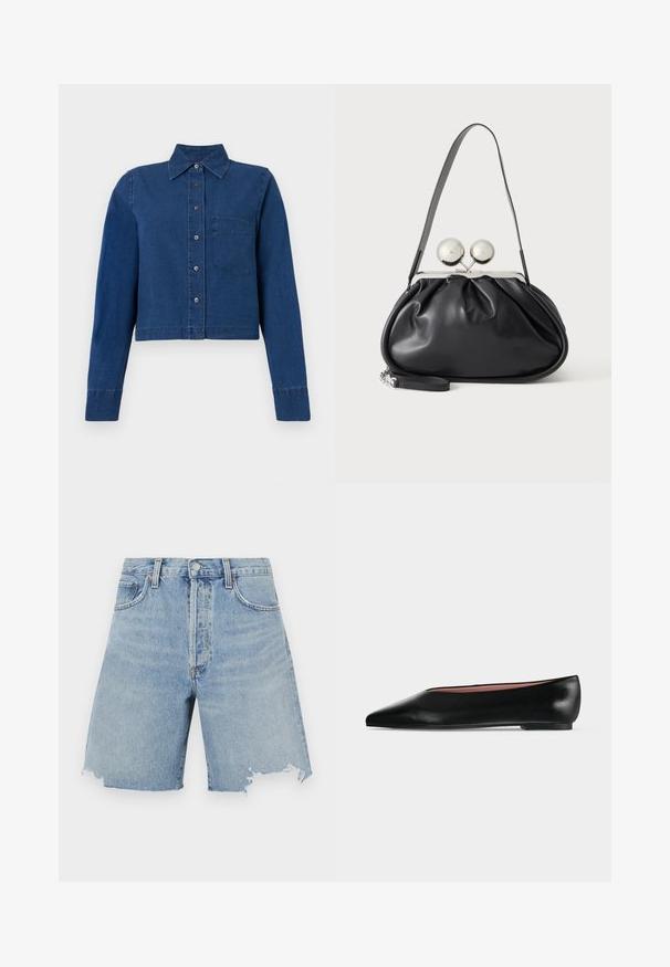 CLOSED CROPPED CLASSIC SHIRT - Nööpidega pluus - dark blue; Heledad sinine denimist šortsid kõrge vöökoht, franjeäärtega, kahe esipocket'iga ja klassikalise viie-tasku disainiga.; Mustast nahast naiste madala kontsaga ja terava ninaga king, külgvaates hästi nähtav helehallil ühtlasel taustal.; Mustast nahast käekott kogutud disainiga, ühe rihmaga, hõbedase metallraamiga ja kahe suure ümmarguse hõbedase klambriga.