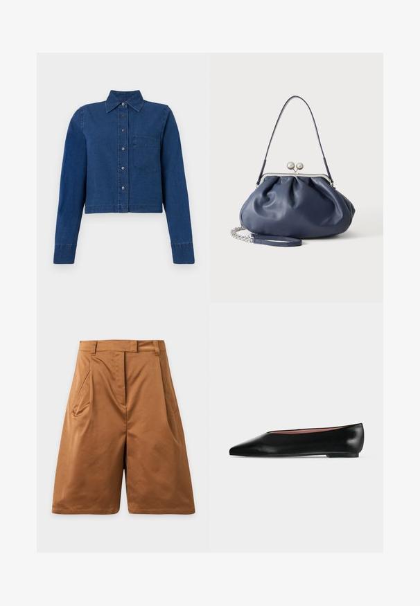 CLOSED CROPPED CLASSIC SHIRT - Overhemdblouse - dark blue; Bruine shorts tot op de knie met zijzakken en riemlussen, gemaakt van gladde stof, getoond tegen een effen lichtgrijze achtergrond.; Zwarte leren damesschoen met platte zool, puntige neus en lage hak, zijwaarts afgebeeld tegen een effen lichtgrijze achtergrond.; Zachte navyblauwe leren handtas met zilveren sluiting, enkele schouderband en afneembare ketting polsband op witte achtergrond.