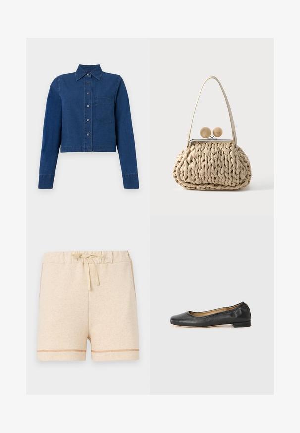 CLOSED CROPPED CLASSIC SHIRT - Blúzka so zapínaním na gombíky - dark blue; Bežové bavlnené šortky s elastickým pásom a šnúrkou na sťahovanie. Obsahujú kontrastné štepovanie podél lemu a po stranách.; Čierne kožené baletky s okrúhlou špičkou a minimálnym šitím. Nízky, obdĺžnikový podpätok a hladká textura. Diskrétny detail podšívky vnútri.; Béžová tkaná kabelka s hrubou pletenou textúrou, jedným popruhom a kovovou sponou na vrchu s dvoma okrúhlymi béžovými guličkami.