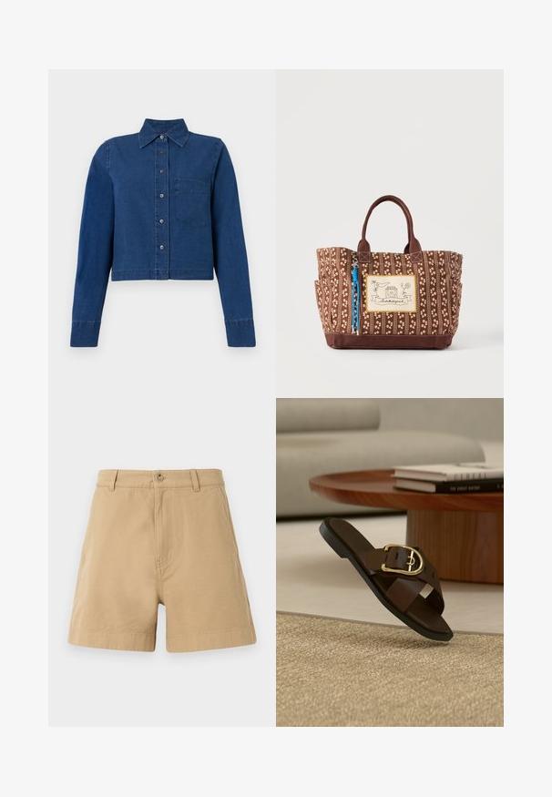 CLOSED CROPPED CLASSIC SHIRT - Overhemdblouse - dark blue; Beige katoenen shorts met een klassiek ontwerp, voorzien van een sluiting met een voorknop en riemlussen. Glad van textuur met zijzakken.; Bruine leren instap-sandaal met gouden gesp op een beige tapijt, houten salontafel en boeken op de achtergrond.; Bruine draagtas met bloemenpatroon, twee handvatten, zijvakken en een vooraan een patch met een huis en decoratieve tekst.