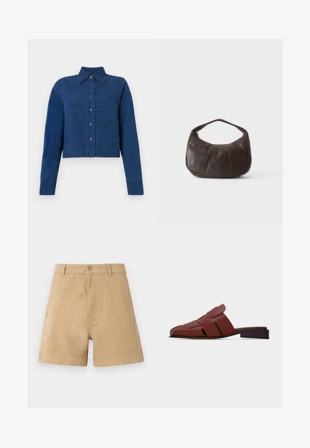 CLOSED CROPPED CLASSIC SHIRT - Hemdbluse - dark blue; Beige Shorts aus Baumwolle mit klassischem Design, Frontknopfverschluss und Gürtelschlaufen. Glatte Textur mit Seitentaschen.; Braune Leder-Slipper-Sandale mit Ausschnitten und flachem, niedrigem Absatz, Seitenansicht vor einfachem hellem Hintergrund.; Kleine dunkelbraune strukturierte Handtasche mit kurzem Trageriemen und abgerundetem Boden auf schlichtem hellem Hintergrund.