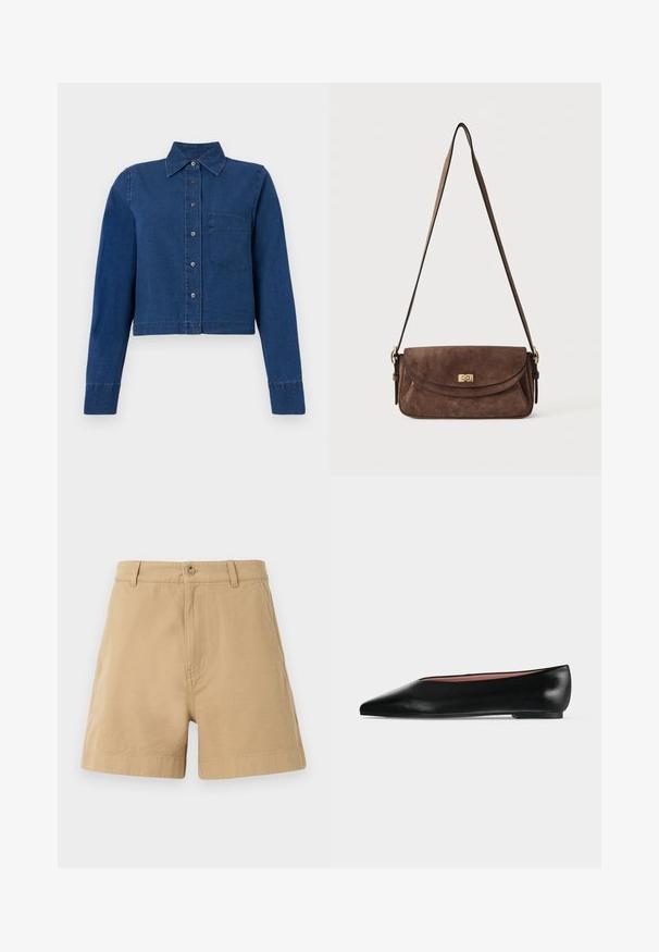 CLOSED CROPPED CLASSIC SHIRT - Overhemdblouse - dark blue; Beige katoenen shorts met een klassiek ontwerp, voorzien van een sluiting met een voorknop en riemlussen. Glad van textuur met zijzakken.; Zwarte leren damesschoen met platte zool, puntige neus en lage hak, zijwaarts afgebeeld tegen een effen lichtgrijze achtergrond.; Bruine suède schoudertas met een lange verstelbare band en een gouden draaisluiting op de voorflap.