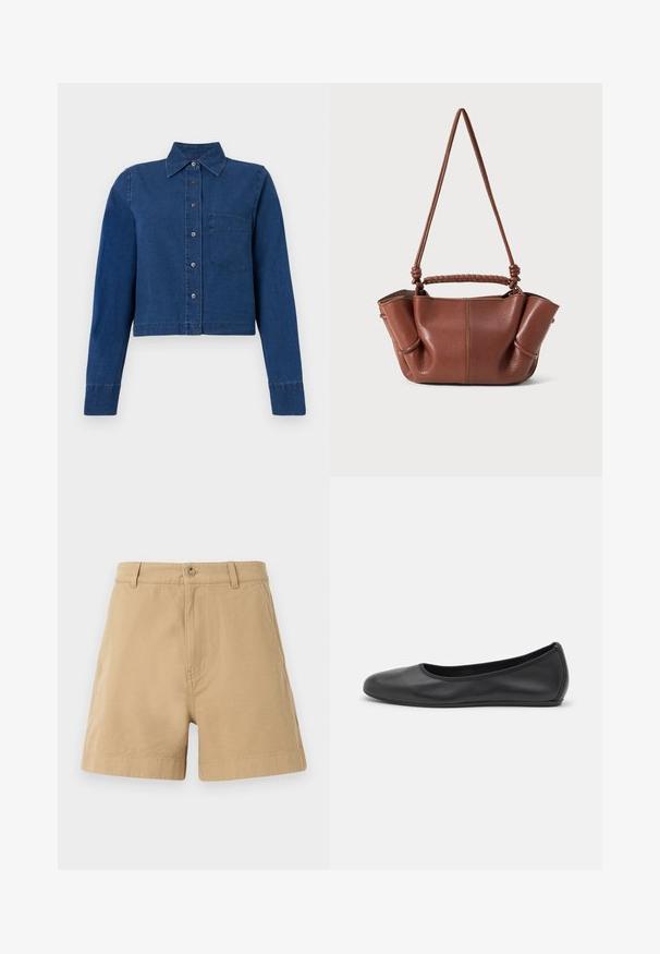 CLOSED CROPPED CLASSIC SHIRT - Overhemdblouse - dark blue; Beige katoenen shorts met een klassiek ontwerp, voorzien van een sluiting met een voorknop en riemlussen. Glad van textuur met zijzakken.; Zwarte leren ballerina met een ronde neus, gladde textuur, minimale stikdetails en een flexibele zoolontwerp.; Bruine leren handtas met een gevlochten handvat en een verstelbare schouderriem. Heeft zacht gevouwen zijkanten en zichtbare stikselaccenten.