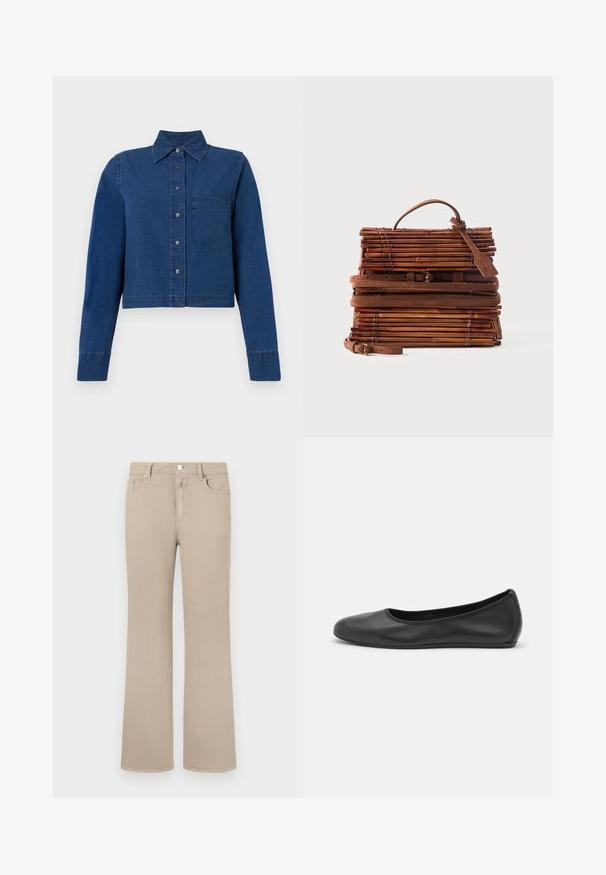 CLOSED CROPPED CLASSIC SHIRT - Nööpidega pluus - dark blue; Beige flared teksad, mis on valmistatud pehmest puuvillast. Omab klassikalist viit taskut, nupuga sulgemist ja korralikku õmblust ääredel.; Musthave mustika tantsutossud mustast nahast, ümmarguse varbaga, siledast tekstuurist, minimaalse õmblusdetailiga ja paindliku tallakujundusega.; Pruun ristkülikukujuline bambusest käekott nahkrihmade, pealmise käepideme ja pagasimärgiga ühtlasel heledal taustal.