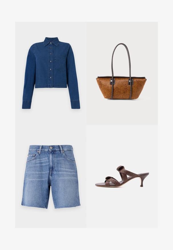 CLOSED CROPPED CLASSIC SHIRT - Hemdbluse - dark blue; Hellblaue Denim-Shorts mit geradem Schnitt, ausgefranstem Saum, fünf Taschen und metallischem Knopfverschluss. Der Stoff hat eine glatte Textur mit leichtem Verblassen.; Braune gewebte Leder-Sandale zum Hineinschlüpfen mit zwei Riemen und niedrigem Kitten-Absatz vor weißem Hintergrund.; Braune, strukturierte Lederhandtasche in trapezförmigem Design mit langen, geflochtenen, dunkelbraunen Trageriemen auf einem weißen Hintergrund.