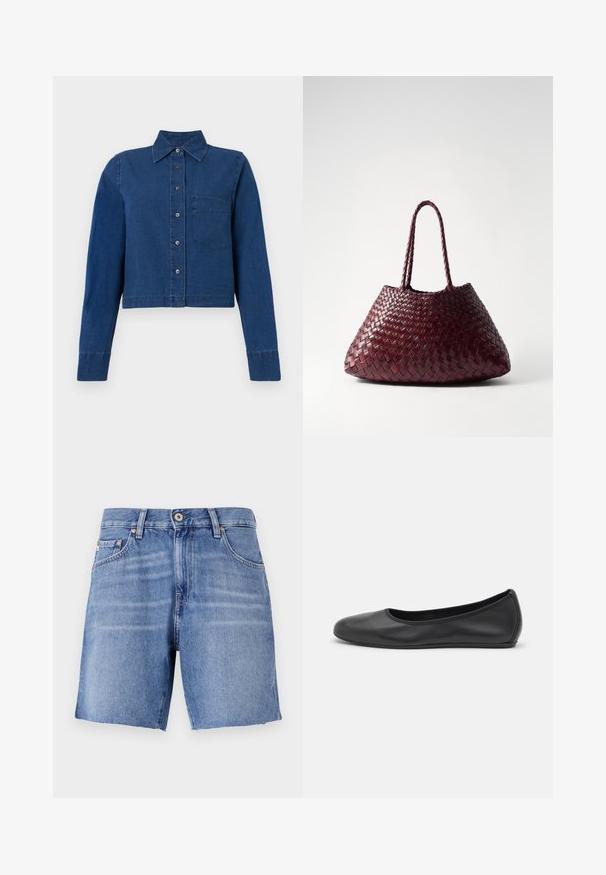 CLOSED CROPPED CLASSIC SHIRT - Blúzka so zapínaním na gombíky - dark blue; Svetlo modré riflové šortky s rovného strihu, rozstrapkaným lemom, piatimi vreckami a kovovým zapínaním. Tkanina má hladkú štruktúru s jemným vyblednutím.; Čierne kožené baleríny s okrúhlou špičkou, hladkým povrchom, minimálnym prešívaním a flexibilným dizajnom podrážky.; DRAGON DIFFUSION SANTA CROCE BIG - Kabelka - bordo