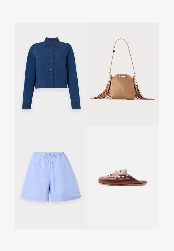 CLOSED CROPPED CLASSIC SHIRT - Overhemdblouse - dark blue; Lichtblauwe katoenen shorts met een gestreept patroon, elastische tailleband en verstelbare trekkoord. Heeft een losse pasvorm en een soepele textuur.; Bruine leren instap loafer met moc-toenaad, gouden oogjes en decoratieve veterdetail aan de zijkant, platte zool, zijaanzicht.; Kleine lichtbruine leren schoudertas met lange band, gouden kettinkdetail en franjes aan beide zijden tegen een neutrale achtergrond.