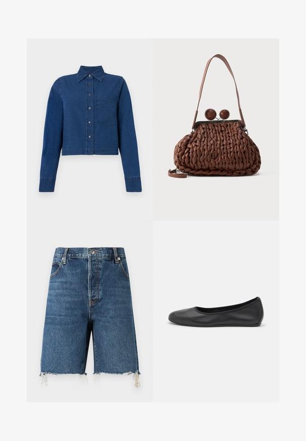 CLOSED CROPPED CLASSIC SHIRT - Skjortebluser - dark blue; FRAME THE LEISURE - Denimshorts - blue; Sort læderballetsko med rund tå, glat tekstur, minimal syning og et fleksibelt såldesign.; Brun flettet læderhåndtaske med en enkelt strop og to store runde trælukninger på toppen.