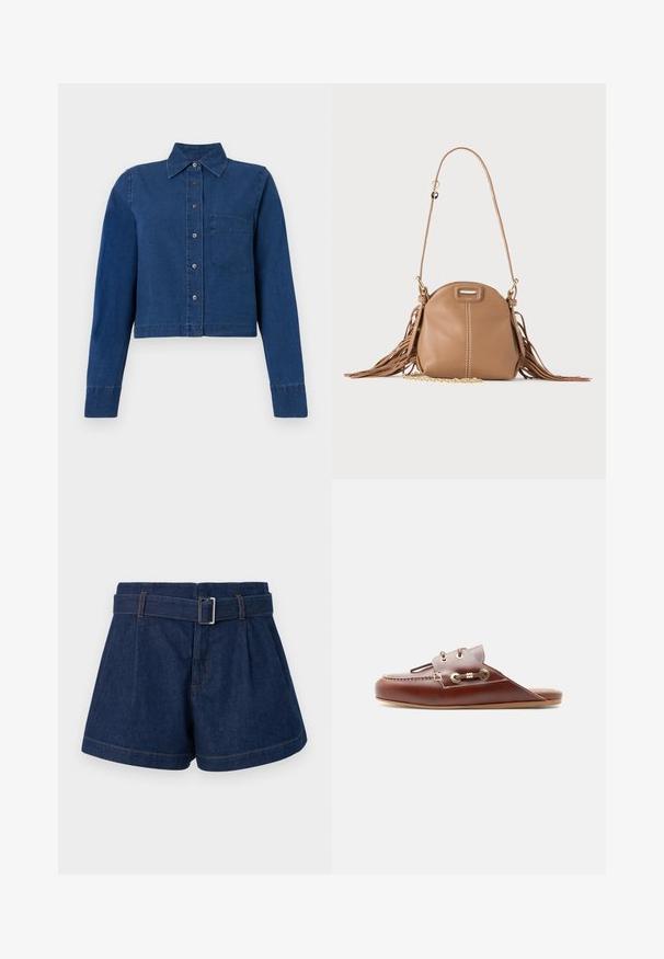 CLOSED CROPPED CLASSIC SHIRT - Overhemdblouse - dark blue; Donkerblauwe denimshorts met een brede geplooide ontwerp, een riem met een metalen gesp, en zichtbare oranje stikdetails.; Bruine leren instap loafer met moc-toenaad, gouden oogjes en decoratieve veterdetail aan de zijkant, platte zool, zijaanzicht.; Kleine lichtbruine leren schoudertas met lange band, gouden kettinkdetail en franjes aan beide zijden tegen een neutrale achtergrond.