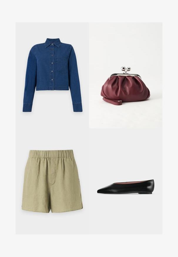 CLOSED CROPPED CLASSIC SHIRT - Blusa - dark blue; Shorts de lino verde claro con cintura elástica, bolsillos laterales y un ajuste relajado. Presenta una tela suave y ligeramente texturizada.; Zapato plano negro de cuero para mujer con punta puntiaguda y tacón bajo, mostrado de lado sobre un fondo liso gris claro.; Pequeño bolso de mano de cuero burdeos con cierre metálico plateado y correa de muñeca sobre un fondo blanco.