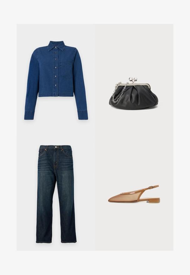 CLOSED CROPPED CLASSIC SHIRT - Paitapusero - dark blue; Tummansiniset farkut suoran leikkauksen omaavina, joissa on napitus, viisi taskua ja hienovarainen kulutuksen merkki. Kestävä kangas näkyvällä ompelulla.; Ruskea slingback-tasapohjainen kenkä, jossa terävä kärkiosa, verkkopäällinen, kiiltävä reunus ja pieni palakorko, kuvattuna sivuprofiilista.; Mustan nahkainen clutch, jossa on rypistetty rakenne, hopeanvärinen metallikehys, suukko-lukko ja ketjuhihna. Sileä, pehmeä pinta.