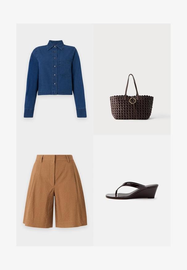 CLOSED CROPPED CLASSIC SHIRT - Overhemdblouse - dark blue; Bruine shorts met hoge taille tot op de knie, met riemlussen, plooien aan de voorkant en een verborgen ritssluiting aan de voorkant op een lichte achtergrond.; Bruine lakleren sleehaksandaal met teenslipperbandje en open teen, zijaanzicht tegen een effen achtergrond.; Donkerbruine geweven tas met twee handvatten en een gouden, ronde gesp in het midden tegen een effen achtergrond.