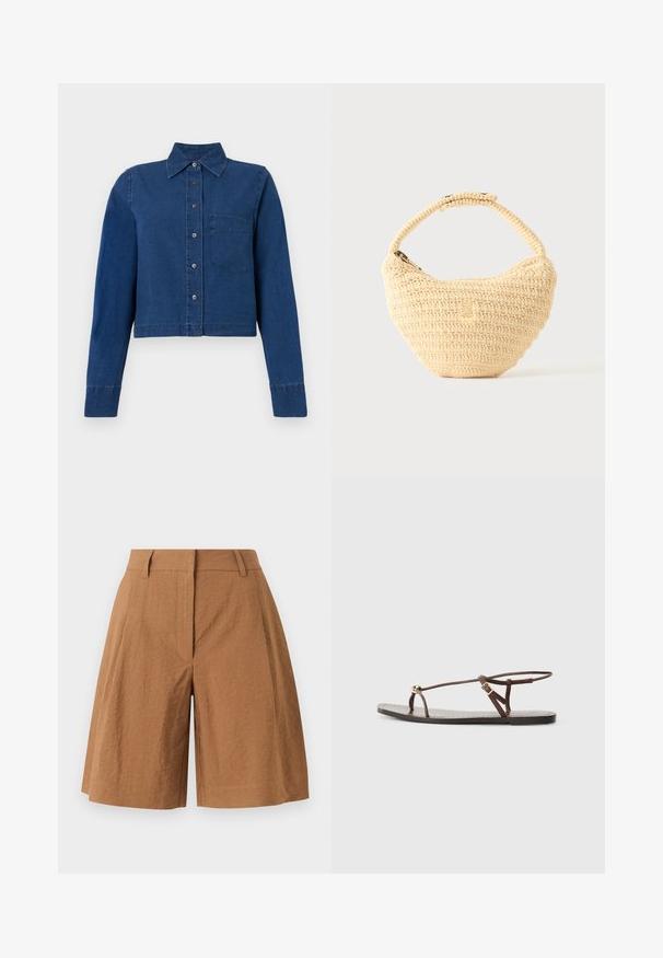 CLOSED CROPPED CLASSIC SHIRT - Hemdbluse - dark blue; Braune, knielange Shorts mit hoher Taille, Gürtelschlaufen, vorderen Falten und einem verdeckten Reißverschluss vorne auf hellem Hintergrund.; Braune Leder-Sandale mit dünnen Riemen, einem goldenen, runden Akzent und einer flachen Sohle. Minimalistisches Design mit einem verstellbaren Schnallen-Detail.; Beige gewebte Handtasche mit rundem Körper, Reißverschluss und kurzem, dickem Riemen in einfachem, strukturiertem Häkelstil.