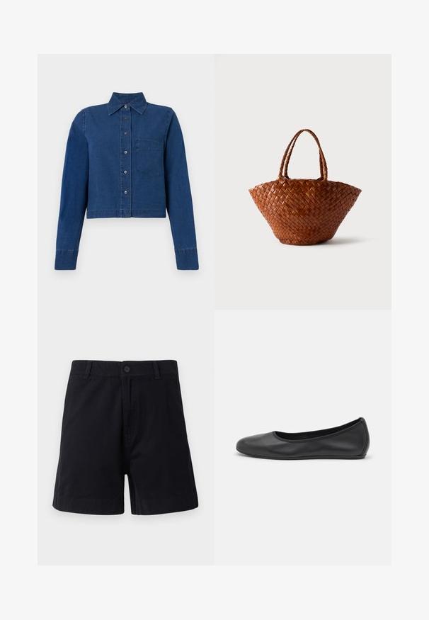 CLOSED CROPPED CLASSIC SHIRT - Paitapusero - dark blue; Tummanlaivansiniset puuvillashortsit, joissa on nappikiinnitys, sivutaskut ja suora leikkaus. Niissä on sileä pinta ja yksinkertainen muotoilu.; Musta nahkainen ballerina, jossa on pyöristetty kärki, sileä pinta, minimaalinen ommelkoristelu ja joustava pohjamuotoilu.; Ruskea punottu nahkainen käsilaukku, jonka leveä pohja kapenee ylöspäin ja siinä on kaksi punottua kahvaa, esitetty vaalean yksinkertaisen taustan päällä.