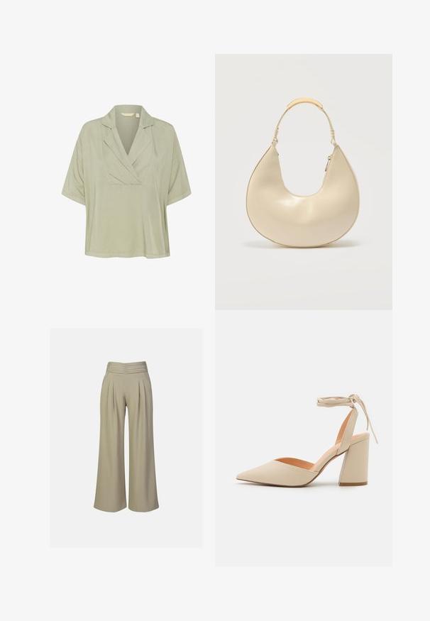 Lysegrøn, kortærmet bluse med en indsnittet krave og løs pasform. Glat tekstur, med plissee ved halsudskæringen for ekstra detaljer.; Beige vidde bukser med plisseret front, lavet af glat stof. Har en indsamlet talje og sidelommer.; Beige højhælede sko med spids tå, ankelrem og en bred blokhæl. Glat syntetisk materiale med en mat finish.; Kremfarvet håndtaske i halvmåneform med kort håndtag, der har en metaldetalje i guldton og lynlåslukning på siden.