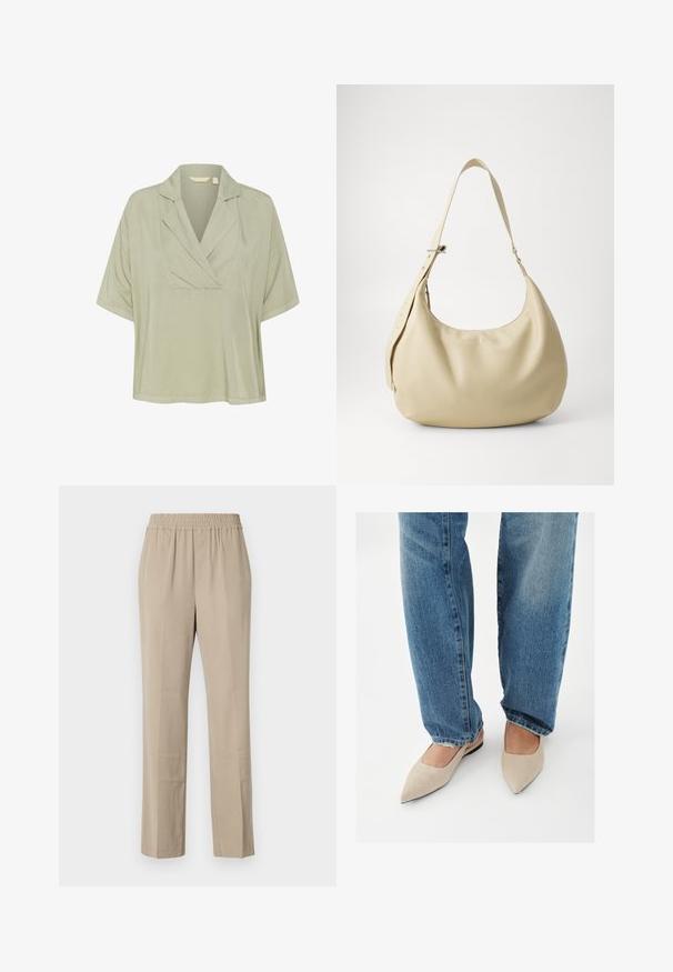 Lysegrøn, kortærmet bluse med en indsnittet krave og løs pasform. Glat tekstur, med plissee ved halsudskæringen for ekstra detaljer.; Beige, lette bukser med elastisk talje, lige ben, blød tekstur og subtile folder. Ingen synlige lommer.; Person iført blå jeans og beige spidse flade sko, stående på et hvidt gulv.; Beige læder skuldertaske med en buet form, justerbar rem og præget logo detalje, der har en glat tekstur og minimalistisk design.