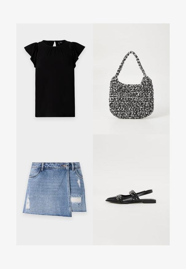 Zwarte kortek mavloeden top gemaakt van zachte stof, met een ronde halslijn, geplooide details en vlinder sleeves met uitsnede aan de achterkant.; Lichtblauw denim minirok met vervaagde plekken en versleten details. Heeft een frontale knoopsluiting en een traditionele vijf-pocket design.; Even&Odd by Zalando Slingback ballerina´s - black; Geweven handtas in zwart en wit met een ronde vorm, gestructureerd oppervlak en een gevlochten handvat. Geschikt voor dagelijks gebruik.