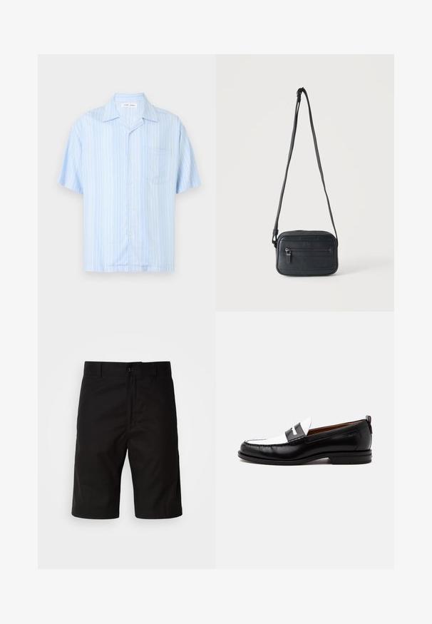 Chemise bleu clair à manches courtes avec des rayures verticales blanches et une poche poitrine gauche, présentée sur un fond uni.; Shorts noirs en tissu uni, avec une coupe droite, fermeture à bouton et une texture lisse sans motifs visibles.; Mocassin en cuir noir et blanc avec des détails cousus, un petit talon et un design slip-on, présenté de profil sur un fond uni.; Sac bandoulière noir avec une poche zippée à l'avant, surface texturée et bandoulière réglable suspendu sur un fond clair uni.