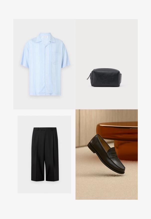 Chemise bleu clair à manches courtes avec des rayures verticales blanches et une poche poitrine gauche, présentée sur un fond uni.; Pantalon noir à jambes larges et courtes avec passants de ceinture et plis avant, présenté sur un fond clair uni.; Chaussure mocassin en cuir noir suspendue au-dessus d’un tapis beige avec du mobilier moderne couleur ambre en arrière-plan.; Trousse de toilette rectangulaire en cuir noir avec fermeture éclair et nom de marque embossé sur le devant, sur fond blanc uni.