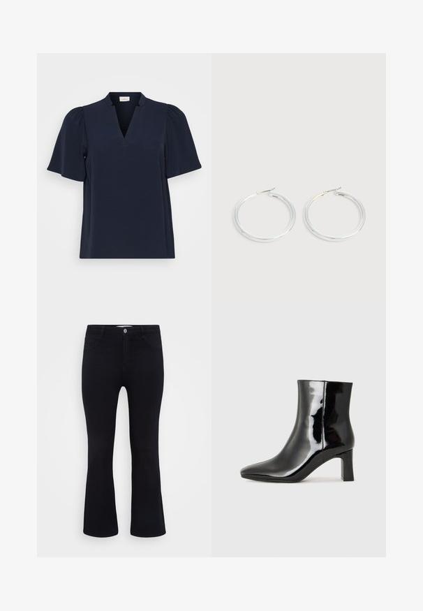 ONLY Carmakoma Tunic CARNOEMI Tunic - Bluse - sky captain; ONLY Carmakoma Flared fit CARTHUNDER Mid waist - Flared Jeans - black denim; Schwarzer Lackleder-Stiefelette mit spitzer Zehe und einem mittelhohen Blockabsatz. Glatte Textur und minimalistisches Design.; Paar glänzende silberne Creolen mit dünnen Drahtverschlüssen, dargestellt vor einem hellgrauen Hintergrund.