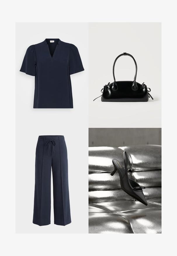 ONLY Carmakoma Tunic CARNOEMI Tunic - Bluse - sky captain; Marineblaue Hosen mit weitem Bein, vorderen Falten und einem am Bund gebundenen Stoffgürtel vor hellem, einfarbigem Hintergrund.; Schwarzer Slingback-Pumps mit spitzer Kappe und kleinem Schleifchen, der auf glänzend silbernem, getuftetem Lederpolster liegt.; Kleine schwarze glänzende Handtasche mit zwei langen Griffen und seitlichen Kordelzug-Details vor einfachem hellem Hintergrund.