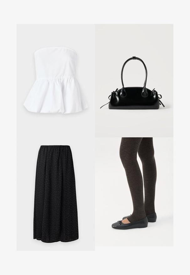 Haut blanc sans manches en tissu léger avec un col élastiqué et un ourlet peplum évasé, présentant une texture lisse.; Jupe noire en tissu léger avec une taille froncée. Elle présente un motif de petits pois blancs sur l'ensemble du tissu.; Jambes portant des leggings côtelés foncés associés à des ballerines noires avec de petits détails en nœud sur fond blanc.; Petit sac à main noir brillant avec deux longues anses et des détails à cordon sur les côtés sur un fond clair uni.