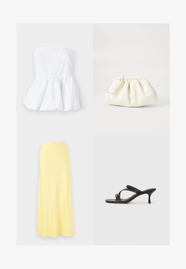 Haut blanc sans manches en tissu léger avec un col élastiqué et un ourlet peplum évasé, présentant une texture lisse.; Jupe jaune, de longueur genou, fabriquée en tissu lisse avec une taille élastique, présentant un design évasé et sans motifs ni matériel visible.; Sandales à talons noirs avec un bout carré, deux brides croisées, accent de boucle dorée et un fin talon haut. Texture en cuir lisse.; Sac à main en cuir blanc avec un design plissé, doté d'une bandoulière en chaîne dorée et d'une forme arrondie. Texture lisse avec des plis doux et sans motifs.