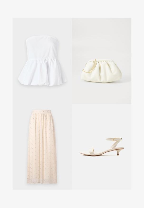 Haut blanc sans manches en tissu léger avec un col élastiqué et un ourlet peplum évasé, présentant une texture lisse.; Jupe maxi beige clair en tissu transparent, ornée de broderies à pois dorés et dotée d'une taille élastique, avec un design fluide et une texture douce.; Sandale beige à talon bas avec une bride unique pour les orteils et une bride de cheville ajustable ornée d'une petite boucle en or, sur fond blanc.; Sac à main en cuir blanc avec un design plissé, doté d'une bandoulière en chaîne dorée et d'une forme arrondie. Texture lisse avec des plis doux et sans motifs.
