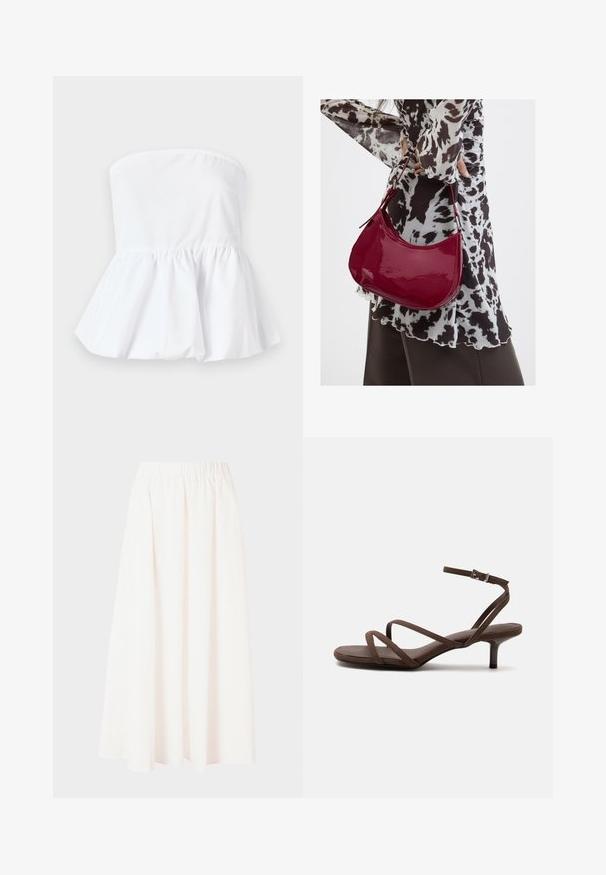 Haut blanc sans manches en tissu léger avec un col élastiqué et un ourlet peplum évasé, présentant une texture lisse.; Jupe longue à taille élastique en crème clair, tissu fluide, silhouette évasée, sans motifs ni embellissements, longueur mi-mollet.; Sandale marron à talons hauts avec fines lanières croisées et bride de cheville avec boucle argentée sur fond blanc.; Femme portant un chemisier à motif noir et blanc tenant un sac à main rouge brillant sur un fond uni.