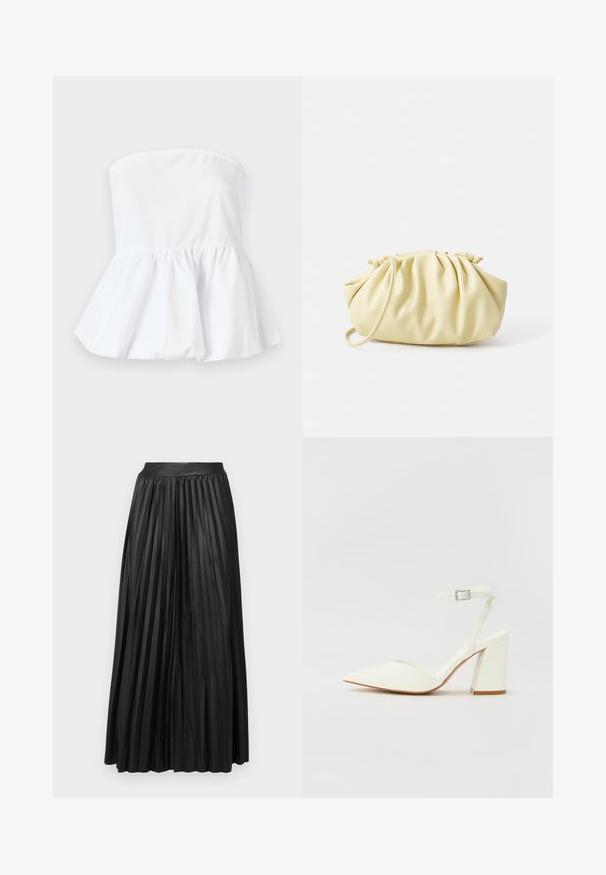 Haut blanc sans manches en tissu léger avec un col élastiqué et un ourlet peplum évasé, présentant une texture lisse.; Jupe maxi plissée noire en tissu texturé, dotée d'une large taille et d'un design fluide, créant des lignes verticales superposées.; Sandale blanche à talon avec un bout pointu, sangle de cheville réglable et un talon carré épais. Texture lisse avec des détails de couture minimaux.; Sac à main plissé jaune en simili cuir lisse, arborant une forme douce avec une bandoulière unique et un design froncé sur le dessus.