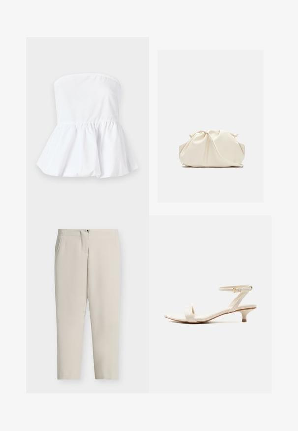 Haut blanc sans manches en tissu léger avec un col élastiqué et un ourlet peplum évasé, présentant une texture lisse.; Pantalon beige sur mesure avec une coupe droite, poches latérales et fermeture éclair frontale. Tissu lisse avec un design épuré et minimaliste.; Sandale beige à talon bas avec une bride unique pour les orteils et une bride de cheville ajustable ornée d'une petite boucle en or, sur fond blanc.; Pochette en cuir souple couleur crème avec un design froncé et une fine bandoulière reposant à l’avant sur un fond uni.
