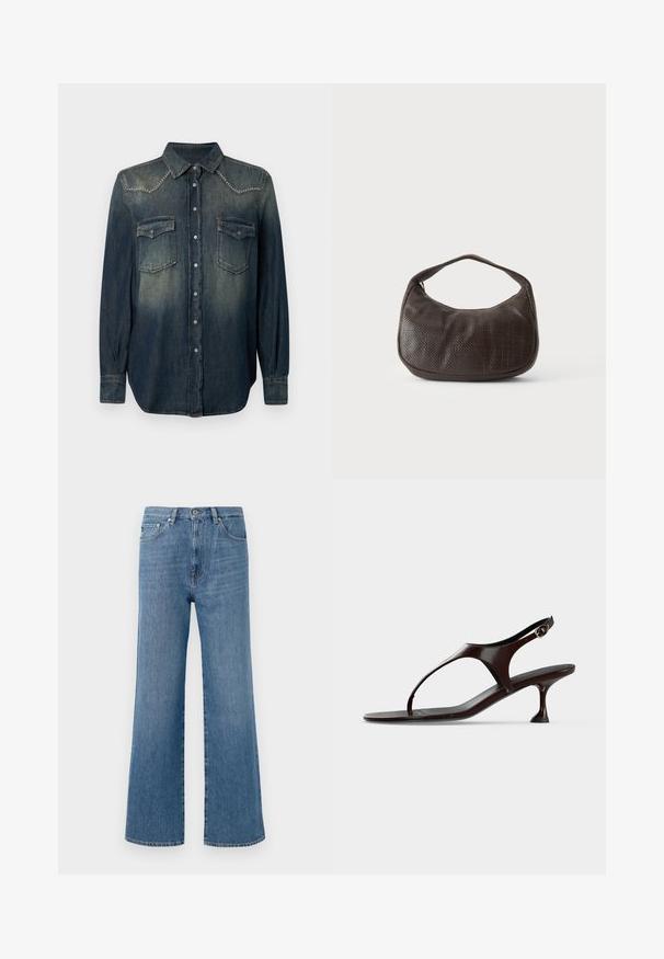 Chemise en denim bleu foncé à manches longues, col pointu, deux poches sur la poitrine et accents en clous argentés sur le dos. Fermeture à boutons sur le devant.; Jean en denim bleu clair à jambes larges avec taille haute, dotés d'une fermeture à bouton à l'avant, de cinq poches, et avec une finition d'ourlet propre.; Sandale slingback en cuir verni marron foncé avec petit talon et bride entre les orteils sur fond blanc.; Petit sac à main marron foncé texturé avec une courte bandoulière et un fond arrondi sur un fond clair uni.