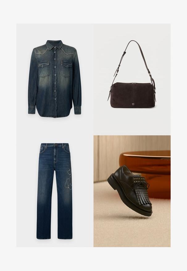 Chemise en denim bleu foncé à manches longues, col pointu, deux poches sur la poitrine et accents en clous argentés sur le dos. Fermeture à boutons sur le devant.; Jean bleu foncé en denim, avec une coupe droit. Détail brodé notable sur la cuisse gauche avec des accents décoratifs.; Chaussure en cuir noire à lacets avec franges décoratives et clous métalliques posée sur un tapis beige près d'un meuble marron.; Sac à bandoulière en daim marron foncé avec sangle réglable, fermeture éclair supérieure et petit logo argenté au centre avant.