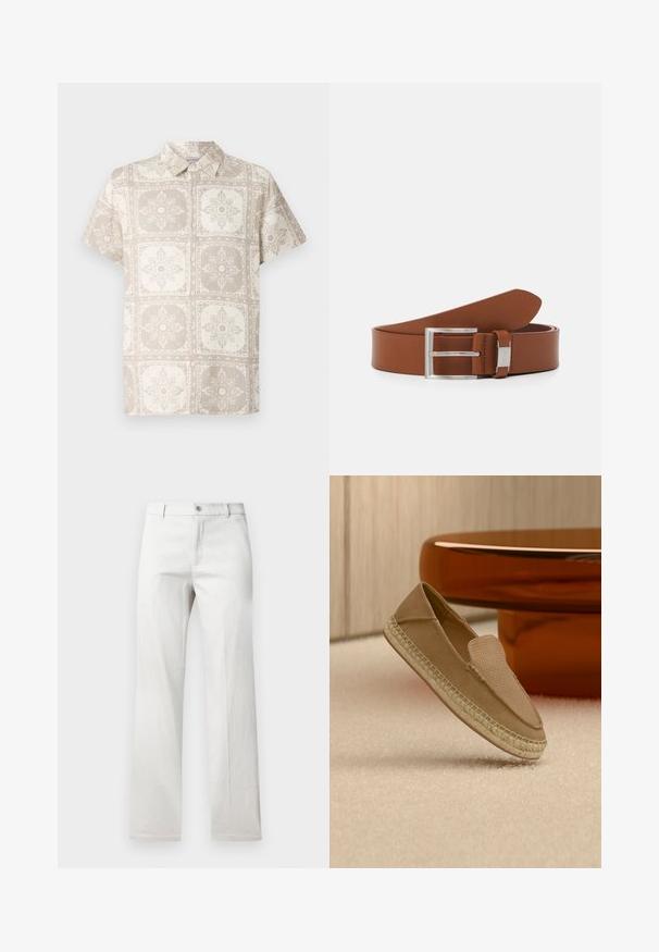 Beige Kurzarm-Hemd mit Knopfleiste und einem wiederkehrenden floralen Muster. Hergestellt aus einem leichten Stoff mit einer natürlichen, strukturierten Optik.; Helle graue Hose mit geradem Bein, aus einem glatten Stoff gefertigt, mit vorderer Knopfverschluss und Seitentaschen.; Beiger Slip-on-Schuh mit strukturierter Oberseite und gewebter Sohle, aufrecht stehend auf einem hellen Teppichboden neben einem glänzenden braunen runden Tisch.; Brauner Leder-Gürtel mit glatter Oberfläche, ausgestattet mit einer silbernen Doppelschließe und einem Logo-Detail in der Nähe der Schnalle.