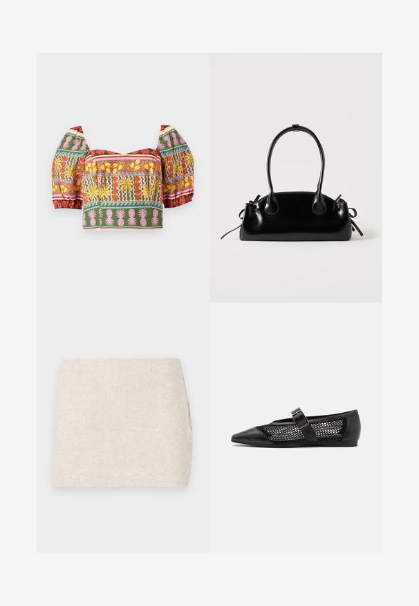 Haut court coloré avec des manches bouffantes, présentant des motifs floraux et d'ananas complexes en rouge, jaune, rose, vert et bleu sur un fond clair.; Jupe en lin beige au design minimaliste, présentant une texture lisse et un tissage subtil. Elle a une coupe droite et simple, sans fermetures visibles.; Chaussure plate noire avec un bout pointu, panneaux latéraux en maille et une sangle avec une boucle décorative. Fini lisse sur les sections du bout et du talon.; Petit sac à main noir brillant avec deux longues anses et des détails à cordon sur les côtés sur un fond clair uni.