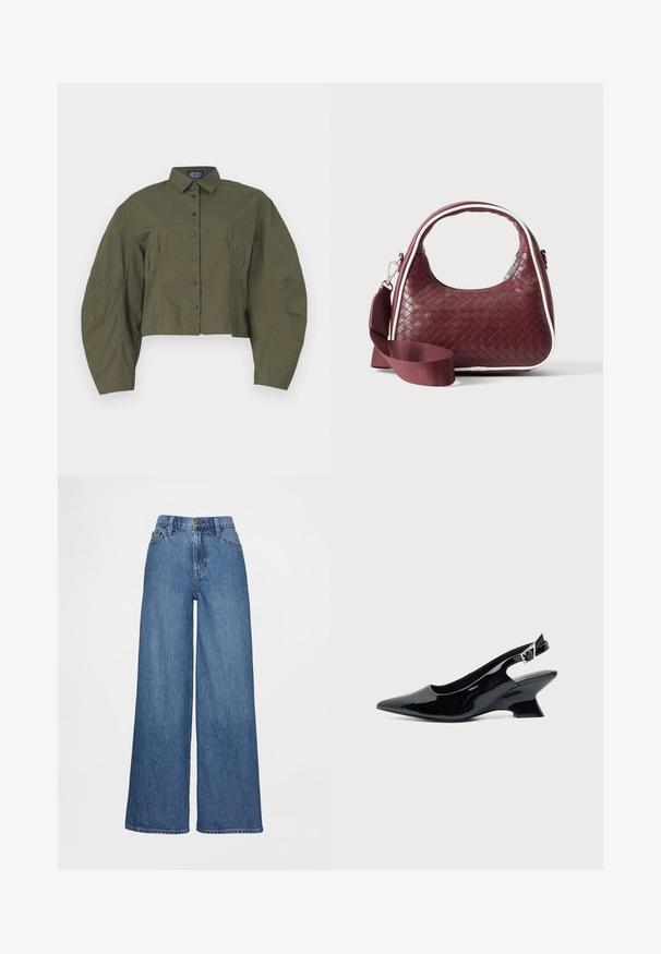 Abgeschnittenes, olivgrünes Hemd mit Knöpfen, strukturiertem Kragen, schulterlangen Puffärmeln und schwarzen Knöpfen. Glattes Material mit minimaler Struktur.; Weit geschnittene Jeans aus mittlerem blauen Denim, mit hoher Taille, Gürtelschlaufen und Knopfverschluss. Glatte Textur mit minimalen Nahtdetails.; Schwarzer Slingback-Schuh aus Lackleder mit spitzer Spitze und niedrigem, schrägem Blockabsatz auf einfachem hellem Hintergrund.; Dunkelrote gewebte Ledertasche mit gebogenem Griff, weißem Besatz, silbernem Reißverschluss und abnehmbarem breitem Stoff-Schulterriemen vor einfarbigem Hintergrund.