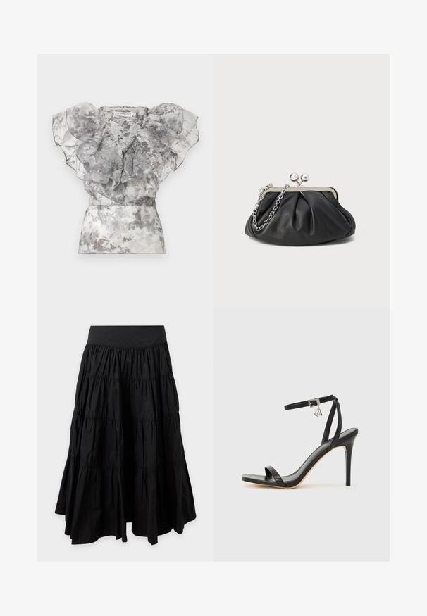 Blouse florale transparente à volants en nuances de gris avec larges manches superposées et taille cintrée, présentée à plat sur fond blanc.; Jupe midi noire à volants avec une large ceinture et un tissu froncé créant des plis verticaux et du volume.; Sandale à talon haut noire avec une bride étroite à la cheville, bout carré, cuir lisse et accent de boucle métallique.; Porte-monnaie en cuir noir avec texture froncée, cadre en métal argenté, fermeture à verrouillage kiss-lock et bandoulière en chaîne. Surface lisse et douce.