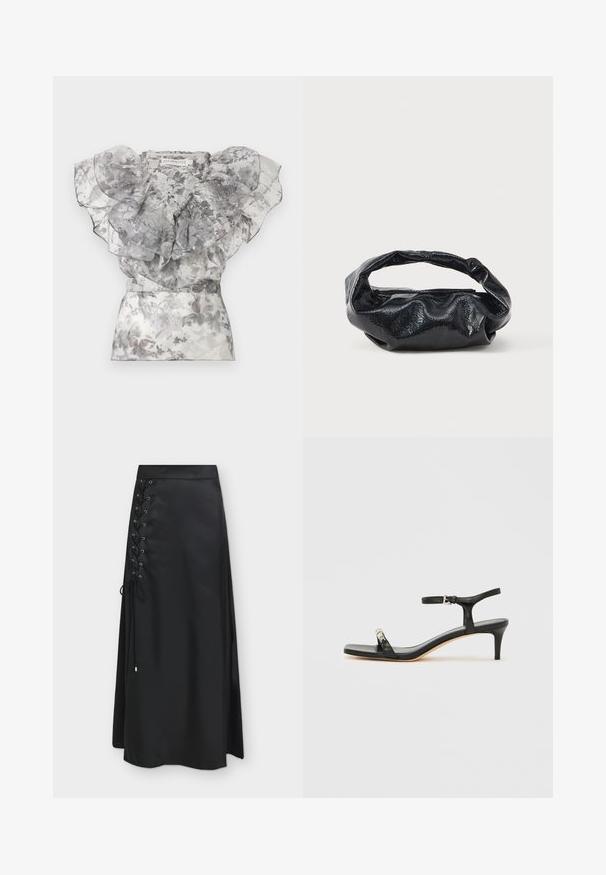 Blouse florale transparente à volants en nuances de gris avec larges manches superposées et taille cintrée, présentée à plat sur fond blanc.; Longue jupe en satin noir avec détail lacé sur le côté et fines attaches pendantes, texture lisse, silhouette en ligne A sur fond blanc.; Sandale noire en cuir à talon avec bride à la cheville, bout ouvert, devant carré et accent en métal argenté. Design ajusté avec un profil élégant.; Sac noir en matériau texturé et brillant avec une poignée circulaire torsadée et une fermeture éclair. Présente un design doux et froissé.