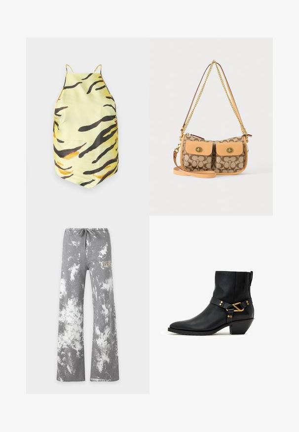 Haut en tissu jaune avec un motif rayé tigre noir et orange, doté de fines bretelles et d'une coupe ajustée. Texture lisse, sans matériel visible.; Pantalon de survêtement gris à jambes larges avec motif tie-dye blanc, taille à cordon et petit détail de logo doré sur le haut de la jambe gauche.; Bottine en cuir noir avec talon bloc bas incliné, bout pointu et boucle décorative dorée avec rivets sur la bride latérale.; Petit sac à bandoulière beige et marron à motifs avec deux poches avant, bordure en cuir fauve, fermoirs dorés à verrou tournant et une bandoulière chaîne dorée.