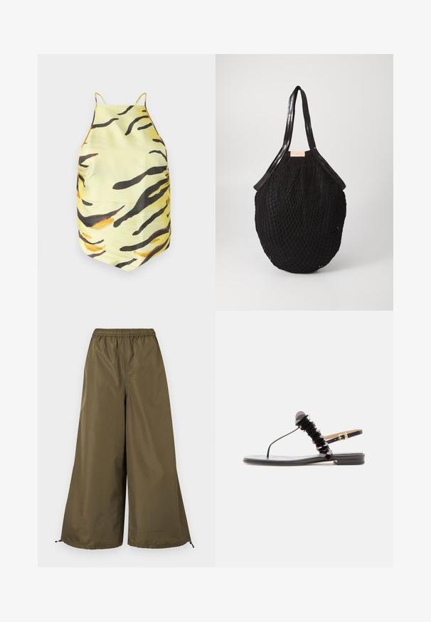 Haut en tissu jaune avec un motif rayé tigre noir et orange, doté de fines bretelles et d'une coupe ajustée. Texture lisse, sans matériel visible.; Pantalon ample à jambes larges de couleur vert olive avec taille élastique et cordons réglables au bas.; Sandale plate noire avec bride en T ornée de sequins et boucle de cheville ajustable sur un fond clair.; Sac fourre-tout noir tissé en forme ovale, avec des poignées lisses et un design texturé en filet. Étiquette visible sur le côté.