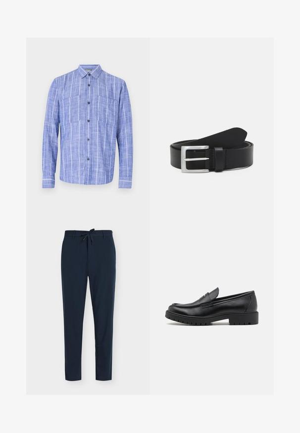 Camisa azul de manga larga con rayas verticales blancas, cierre de botones en la parte delantera, dos bolsillos en el pecho y cuello clásico.; Pantalones azul marino hechos de tela suave con cintura de cordón, que presentan un patrón de rayas verticales y un diseño de pierna cónica.; Mocasines de cuero negro con punta redondeada, diseño sin cordones y suela de goma gruesa con agarre texturizado. Tacón elevado y detalles de costura sutiles.; Cinturón de cuero negro con una textura lisa, hebilla rectangular de plata y un lazo para el extremo. Presenta una costura ordenada a lo largo de los bordes.