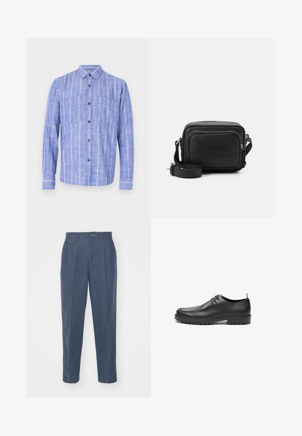 Camisa azul de manga larga con rayas verticales blancas, cierre de botones en la parte delantera, dos bolsillos en el pecho y cuello clásico.; Only & Sons ONSPALE NEW LOOSE PANT - Pantalones - dark slate; Zapatos de cuero negro con un acabado suave, punta redondeada y costuras decorativas. Cuenta con una suela de goma con surcos para tracción y un diseño de cordones.; Bolso bandolera de cuero negro con forma rectangular estructurada, superficie texturada, bolsillo con cremallera en el frente y correa ajustable. Logotipo de la marca en relieve.