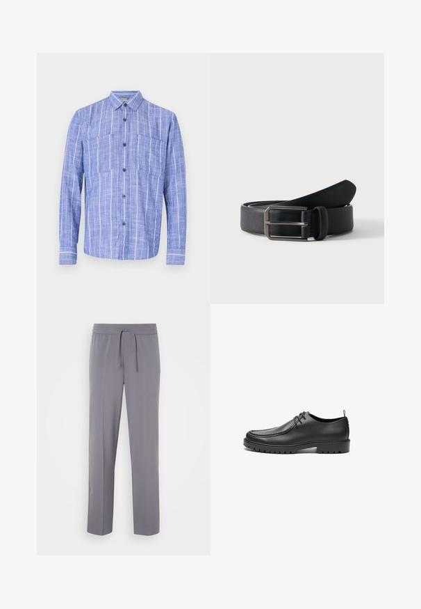 Camisa azul de manga larga con rayas verticales blancas, cierre de botones en la parte delantera, dos bolsillos en el pecho y cuello clásico.; Pantalones grises, elásticos, con frente plano, cinturilla elástica y cordón, que presentan piernas rectas y una textura suave.; Zapatos de cuero negro con un acabado suave, punta redondeada y costuras decorativas. Cuenta con una suela de goma con surcos para tracción y un diseño de cordones.; Cinturón de cuero negro enrollado con hebilla rectangular de metal plateado sobre un fondo claro y sencillo.