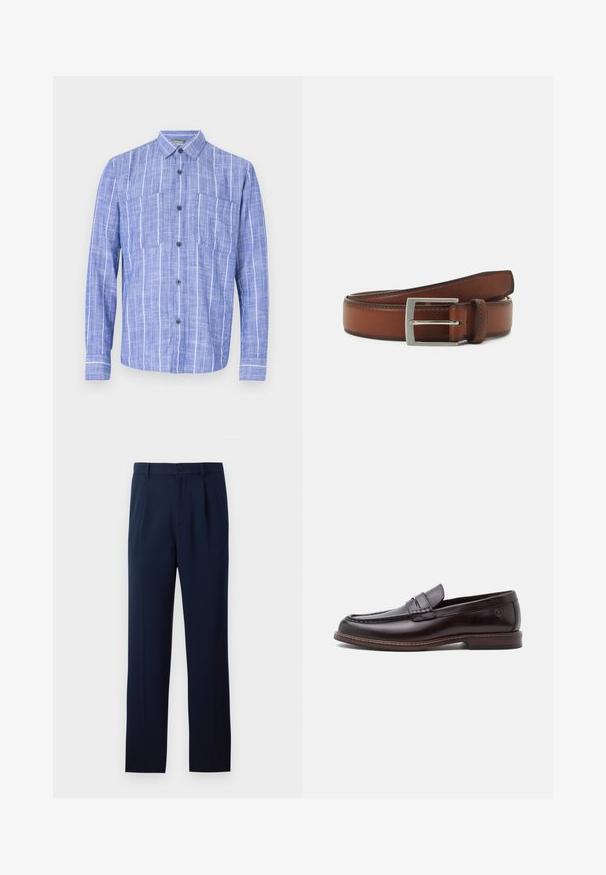 Camisa azul de manga larga con rayas verticales blancas, cierre de botones en la parte delantera, dos bolsillos en el pecho y cuello clásico.; Pantalones azul marino de tejido suave, con cierre de botón único, pliegues y piernas rectas. Diseño minimalista sin patrones notables.; Zapato tipo loafer de cuero marrón oscuro para hombre, con detalles cosidos y tacón bajo, mostrado de perfil sobre un fondo blanco.; Cinturón de cuero marrón con una hebilla rectangular de plata, que presenta costuras sutiles y una textura suave.