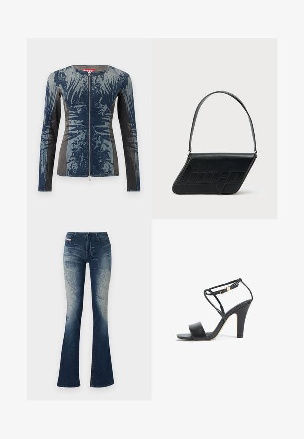Denimjakke med en blanding af blå og grå, lynlås foran, lange ærmer og et unikt abstrakt mønster. Struktureret stof.; Udsætte denim jeans med en mørkeblå vask og lysere falming, struktureret overflade og lynlås i front. Fem-lomme design med mærkelabel.; Sort højhælet sandal med tynd ankelrem, guldlås, åben tå og blokhæl, vist fra siden på en hvid baggrund.; Sort skuldertaske i læder med trekantet form, præget logo og en enkelt justerbar rem. Minimalistisk design med glat tekstur.
