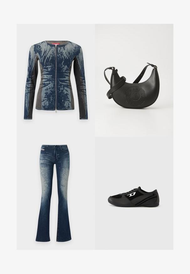 Denimjakke med en blanding af blå og grå, lynlås foran, lange ærmer og et unikt abstrakt mønster. Struktureret stof.; Udsætte denim jeans med en mørkeblå vask og lysere falming, struktureret overflade og lynlås i front. Fem-lomme design med mærkelabel.; Sorte atletik sko med ruskind og syntetisk overdel, med et struktureret design, rundet tå og flad sål. Sølvfarvet logo på siden.; Sort læderhåndtaske med en buet form, der har et perforeret cirkulært design og en justerbar rem til brug som crossbody.