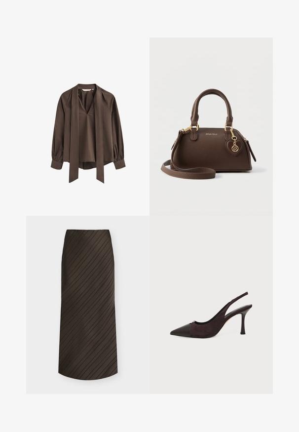 Blusa marrón de manga larga con escote en V profundo, corbata ancha adjunta y puños fruncidos.; Falda línea A marrón oscuro con rayas negras diagonales, largo midi y cinturilla sencilla.; Zapato de tacón alto tipo slingback de cuero y ante negro y marrón oscuro con punta afilada y tacón de aguja delgado sobre fondo blanco.; Bolso sintético marrón con forma redondeada, dos asas superiores y correa de hombro desmontable. Cuenta con herrajes dorados y un colgante en forma de corazón.