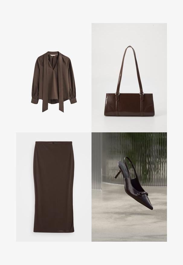 Blusa marrón de manga larga con escote en V profundo, corbata ancha adjunta y puños fruncidos.; Falda midi marrón hecha de una tela elástica, diseño ceñido, textura suave y una apariencia simple y sin adornos.; Zapato de tacón alto tipo slingback negro y brillante con punta puntiaguda y una pequeña hebilla decorativa, flotando sobre un suelo de hormigón con un fondo de vidrio texturizado.; Bolso de mano de piel sintética marrón con forma rectangular, dos asas largas y sutiles acentos curvados en la parte delantera.
